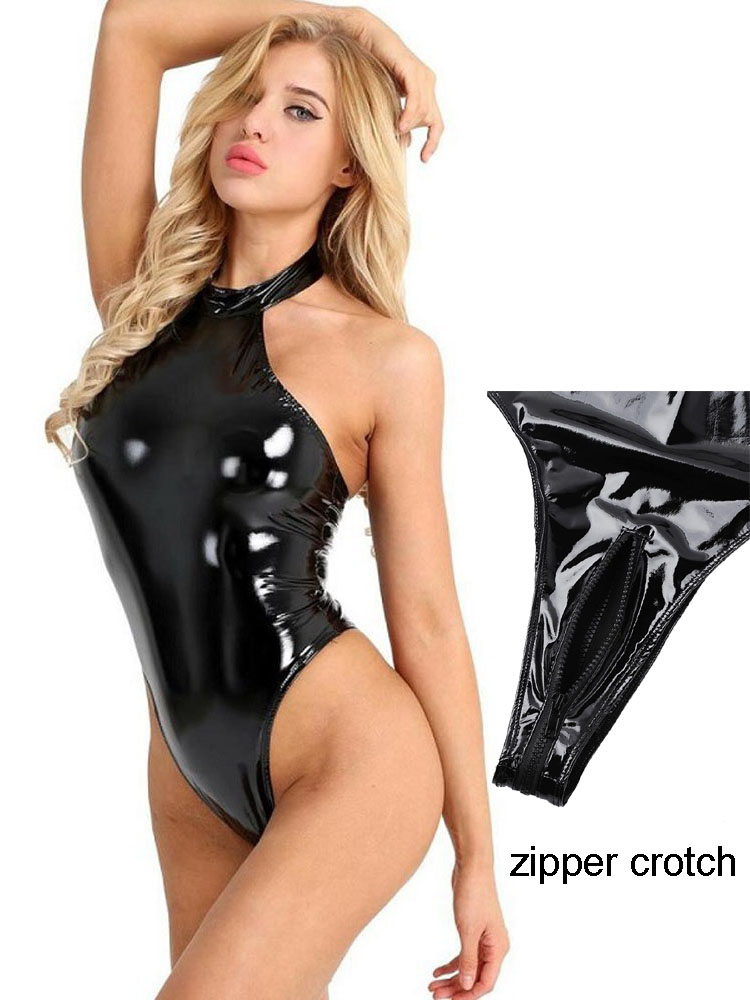 Body Jewelry Waterproof - ชุดว่ายน้ำ S-4XL คล้องคอโชว์หลังหนังเทียมมีซิปเปิดเป้าชุดบอดี้สูทแบบเปียกทำจากพีวีซีชุดเที่ยวคลับแวร์เซ็กซี่