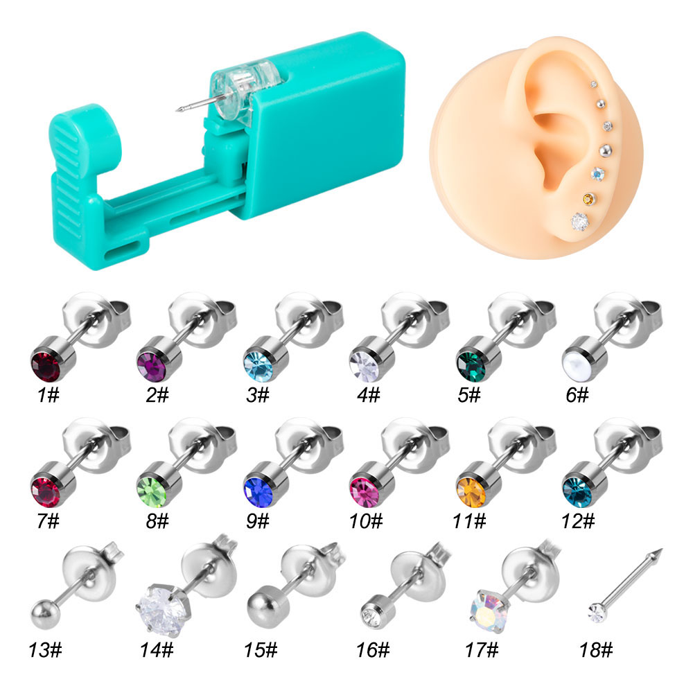 Body Jewelry Factory - เครื่องเจาะหูแบบใช้แล้วทิ้ง 1 ชิ้น สีเขียว พร้อมต่างหูแบบติดหูในตัว สำหรับเจาะกระดูกอ่อน