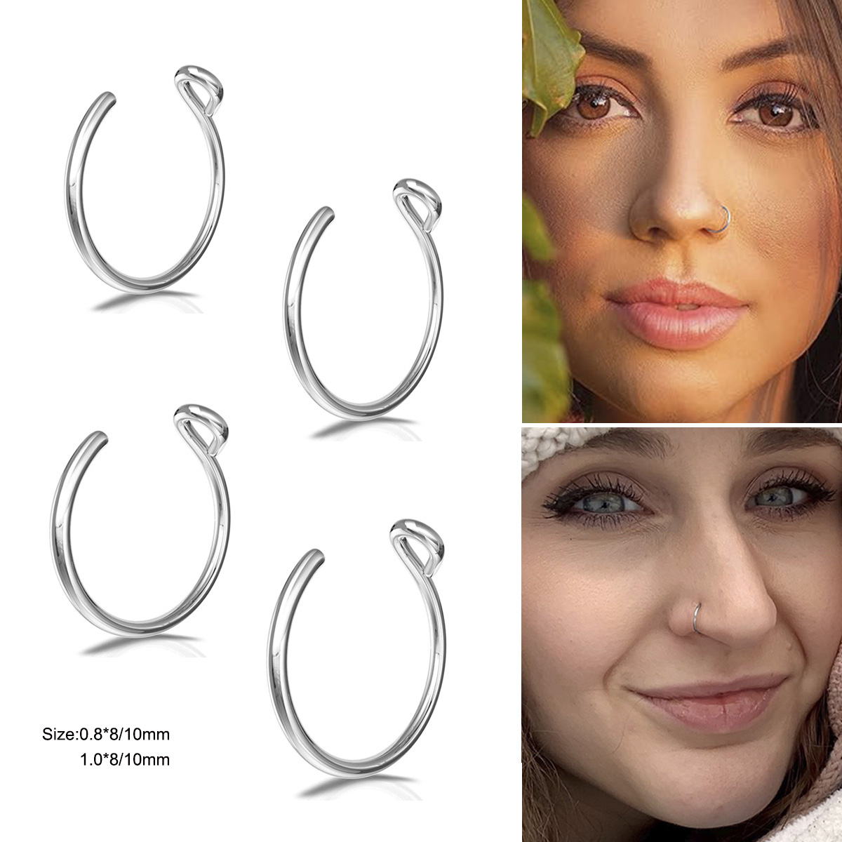 Body Jewelry Metal Types - แหวนจมูกปลอมแบบเกี่ยวหู 2 ชิ้น ทำจากสแตนเลส สไตล์เท่ๆ สำหรับผู้ชายและผู้หญิง