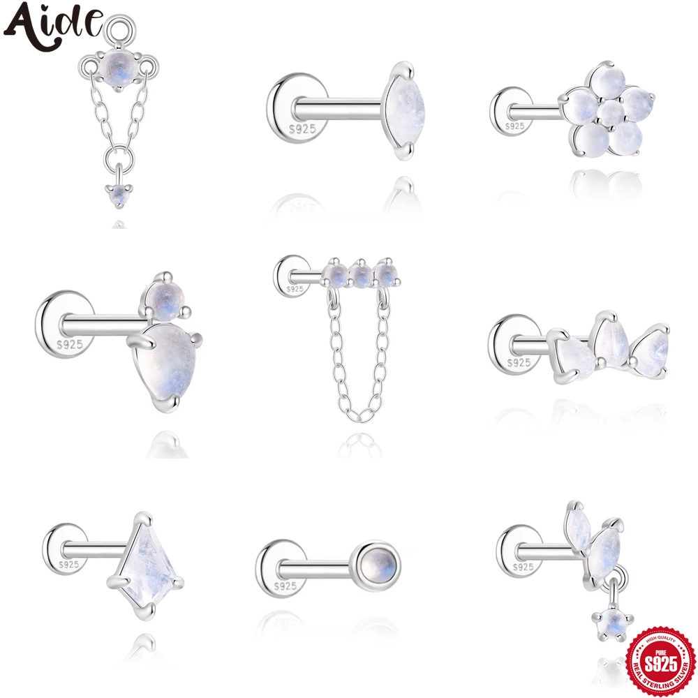 Body Jewelry Ear Piercing - Aide 925 เงินสเตอร์ลิงหูกระดูกสตั๊ดต่างหูผู้หญิงสีเงินมูนสโตนหินเจาะหู Studs Body Piercing