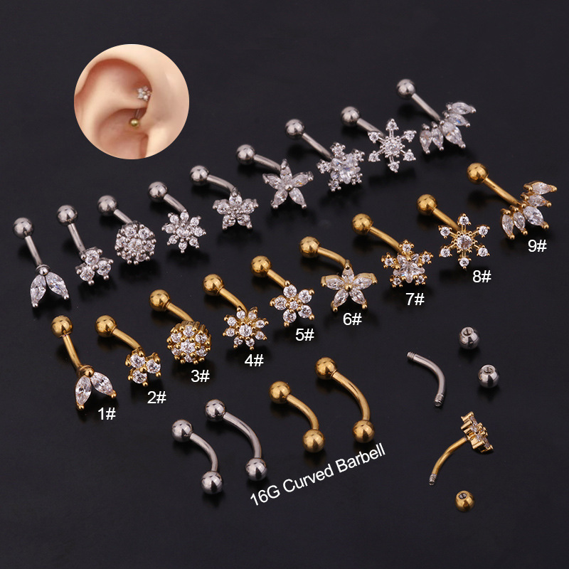 Rook Curved Barbell - 1PC มงกุฎดอกไม้ CZ แหวนคิ้ว Tragus Helix