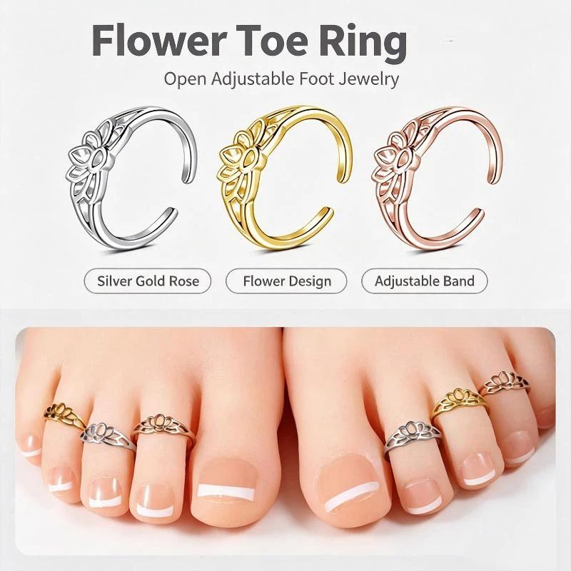 Body Jewelry Waterproof - แหวนนิ้วเท้าดีไซน์ดอกบัวแบบปรับได้ กันน้ำ ทำจากสแตนเลส เหมาะสำหรับใส่ไปชายหาดในฤดูร้อนและใช้ในชีวิตประจำวันสำหรับผู้หญิง