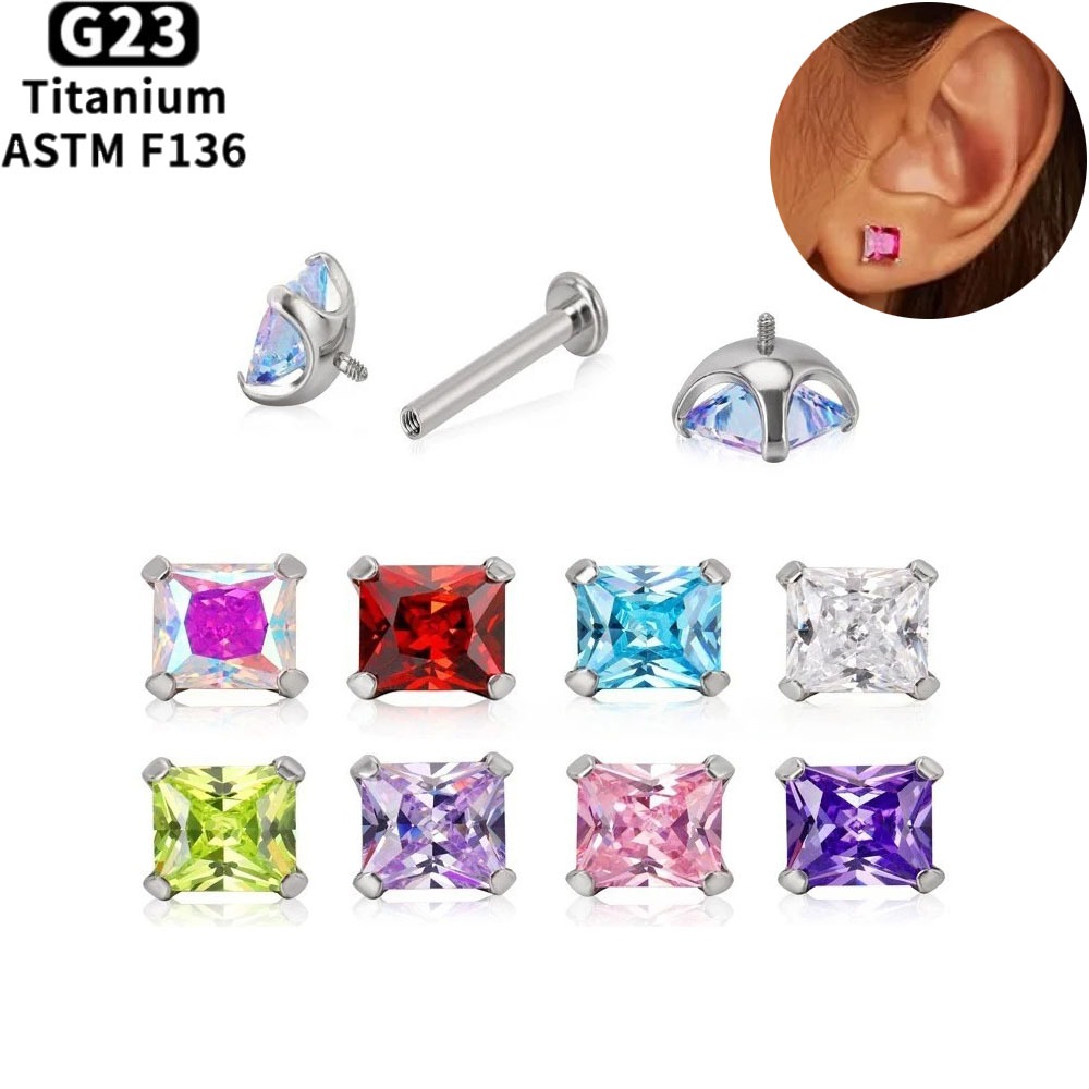 Body Jewelry Lip Ring - แหวนเจาะริมฝีปากไทเทเนียม ASTM F136 เกลียวใน ประดับเพชรซิคอน ต่างหูเจาะจมูก