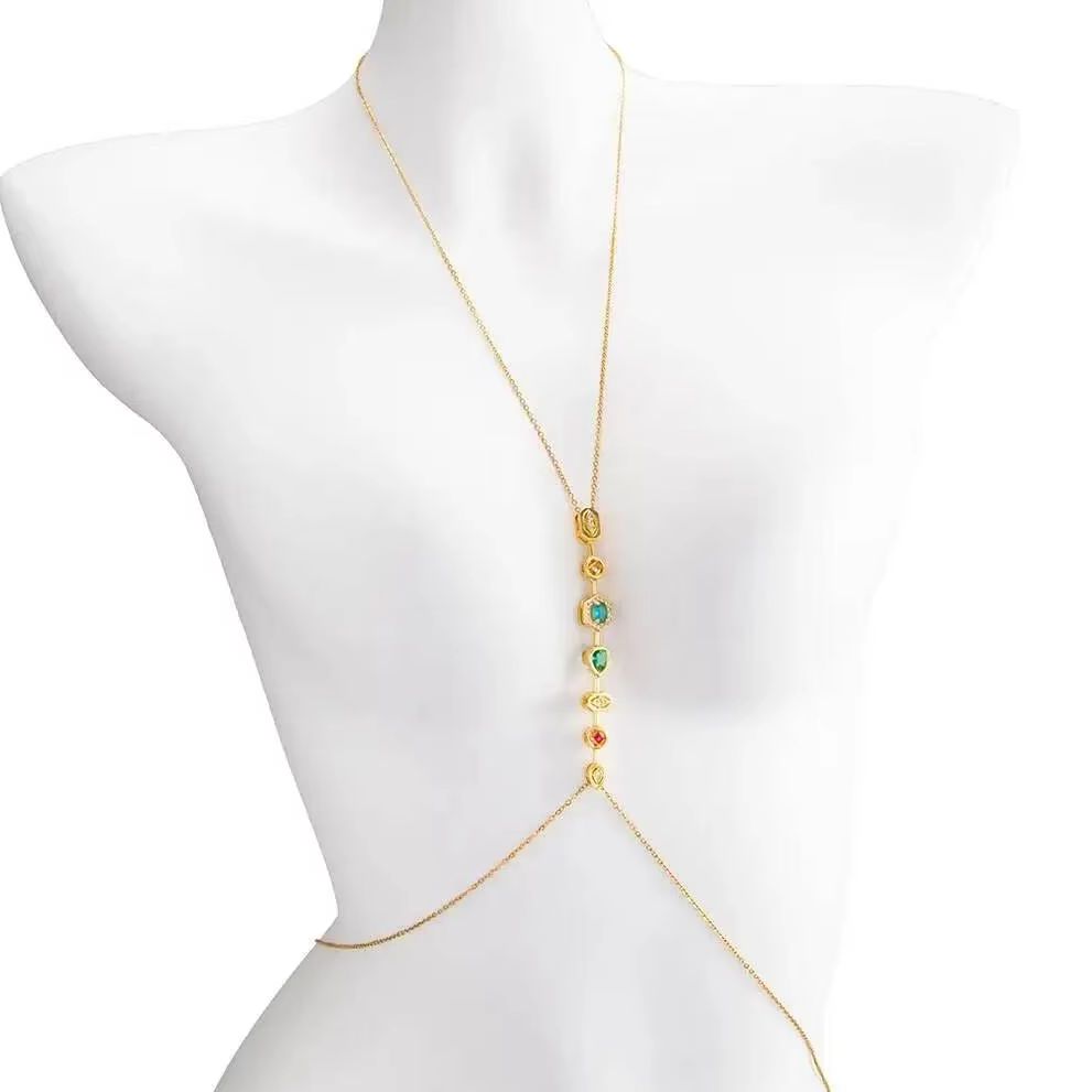 Body Jewelry Chest - พูรุย สร้อยคอและสร้อยเอวสแตนเลสประดับเพทายหลากสีสัน สำหรับผู้หญิง ฤดูร้อน เซ็กซี่ ใส่กับบิกินี่