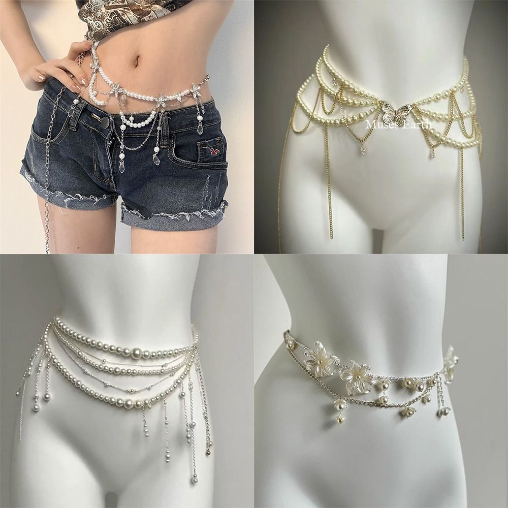 Body Jewelry Bulk - โซ่คาดเอวไข่มุกแฟชั่นสุดหรู เครื่องประดับเอวอเนกประสงค์ ลายดอกไม้ โบฮีเมียน สำหรับผู้หญิง