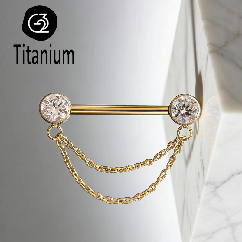 Body Jewelry Nipple Chain - เครื่องประดับเจาะหัวนมไทเทเนียม ASTM F136 ประดับเพชร CZ พร้อมโซ่