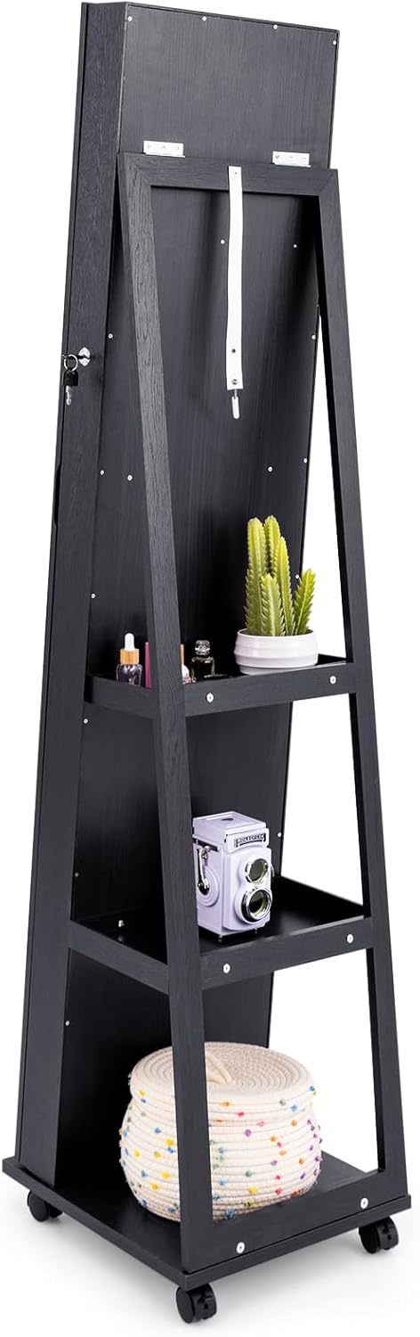 Body Jewelry Storage - กระจกอัจฉริยะแบบตั้งพื้นหมุนได้ ทำจากไม้เนื้อแข็ง พร้อมตู้เก็บเครื่องประดับ ใช้สำหรับแต่งตัวและแต่งหน้าในห้องนอน