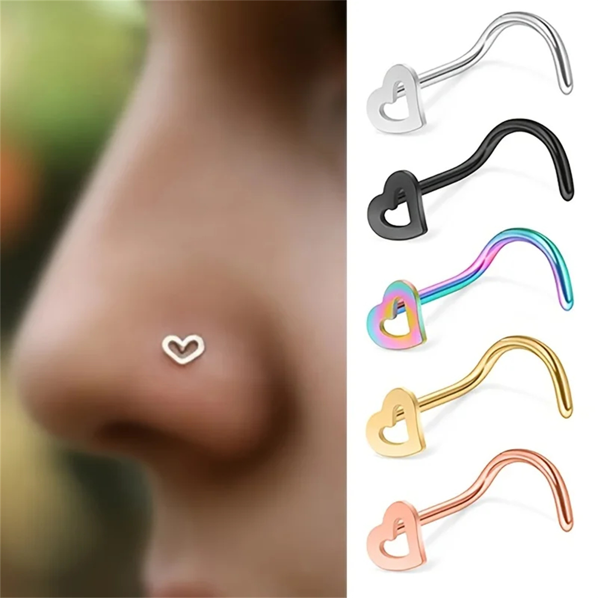 Body Jewelry Metal Types - EVISPOL ชุดเครื่องประดับจมูกสแตนเลสทรงหัวใจแบบกลวง 5 ชิ้น สำหรับผู้หญิง ต่างหูเจาะจมูกแบบเกลียว