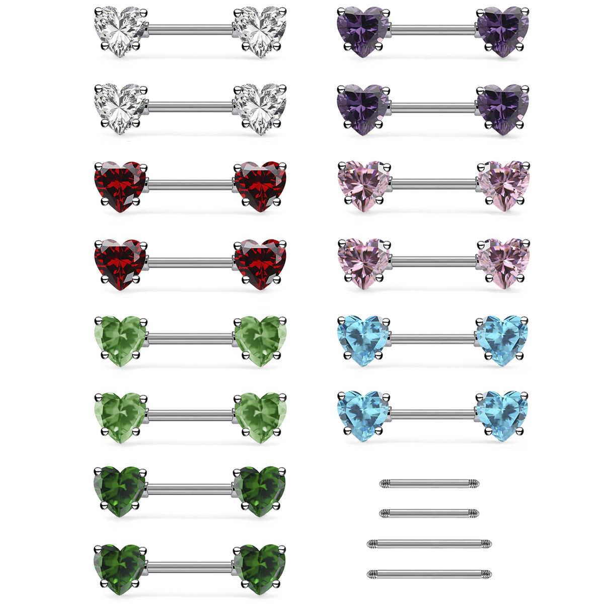 Rook Curved Barbell - แหวนเจาะหัวนมประดับเพชรทรงหัวใจหลากสี 6 ชิ้น ทำจากสแตนเลสสำหรับผู้หญิง