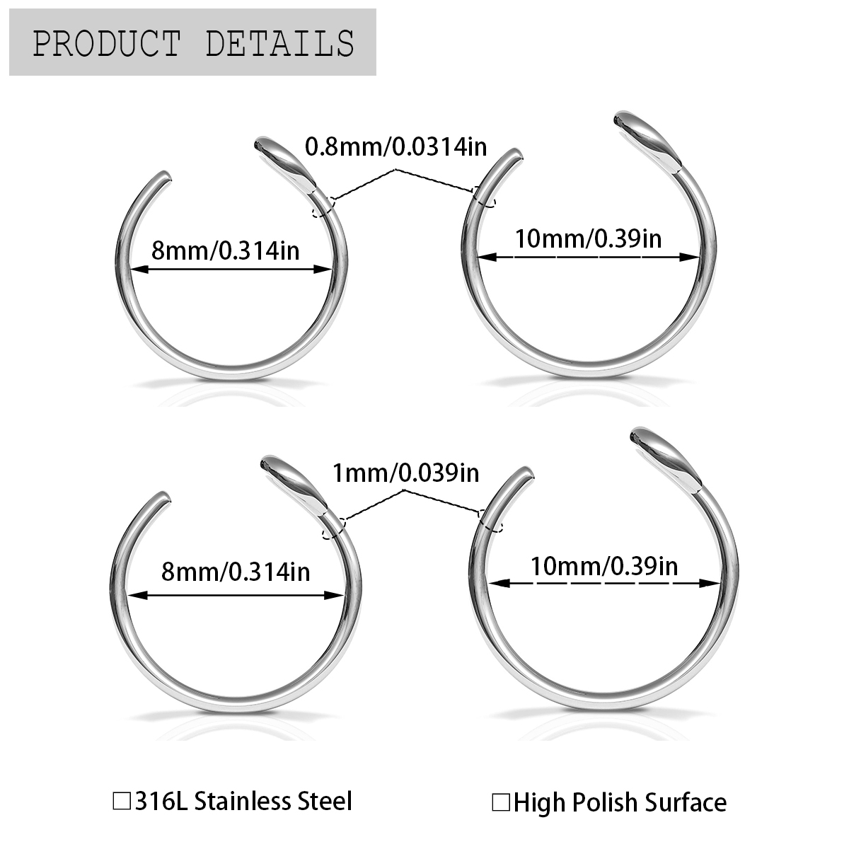 แหวนจมูกปลอมแบบเกี่ยวหู 2 ชิ้น - Body Jewelry Metal Types บทวิจารณ์และราคา